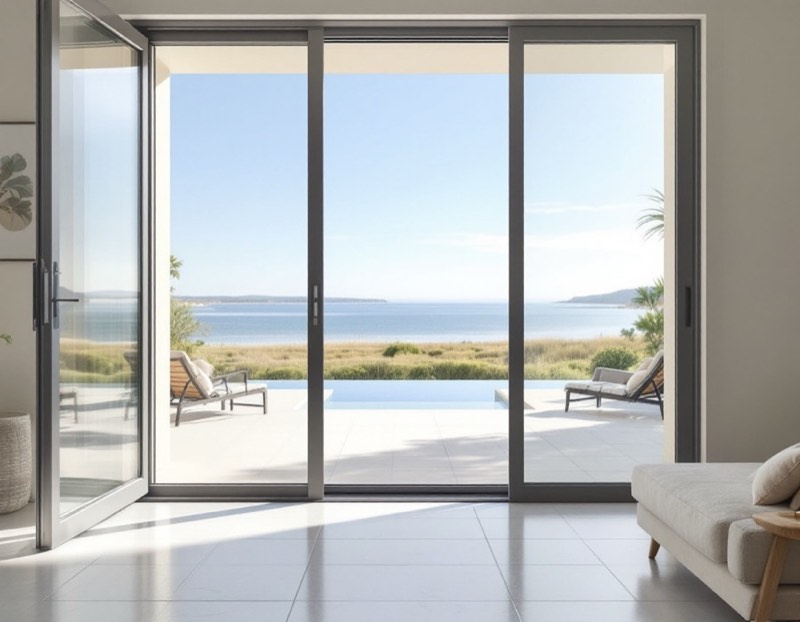 Baie coulissante aluminium ouverte sur une terrasse au bord de l'eau