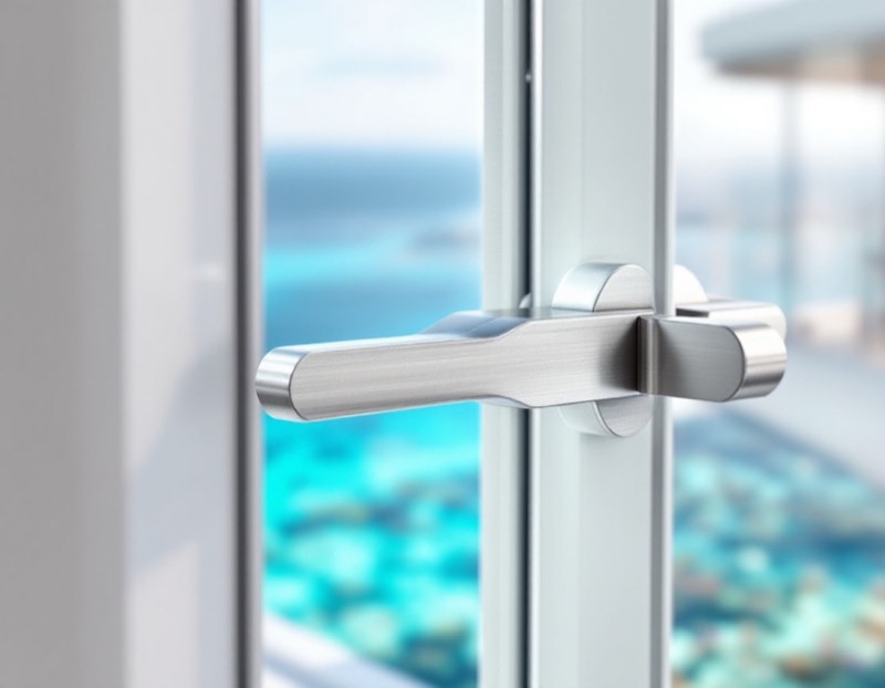 Poignée et ferrures inox sur une fenêtre aluminium
